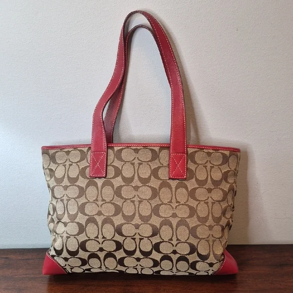 Coach Tan Signature Canvas Tote with Red Leather Trim Vintage K1J-6082 - Picture 4 of 15